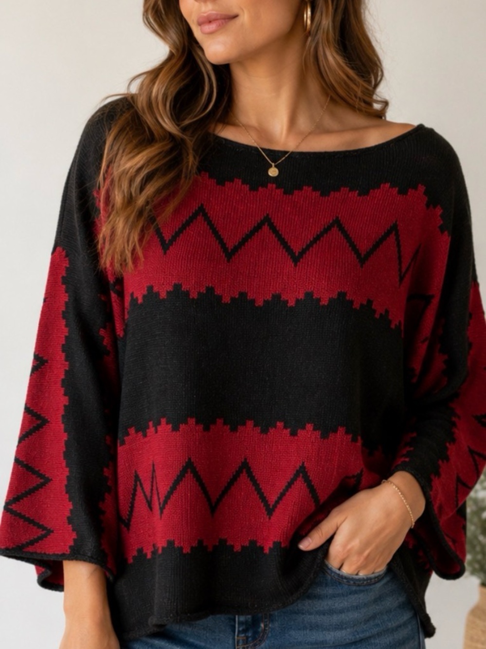 Lauren Ralph Lauren 100% Linen Sweater L Red Black Geometric Y2K Southwestern
